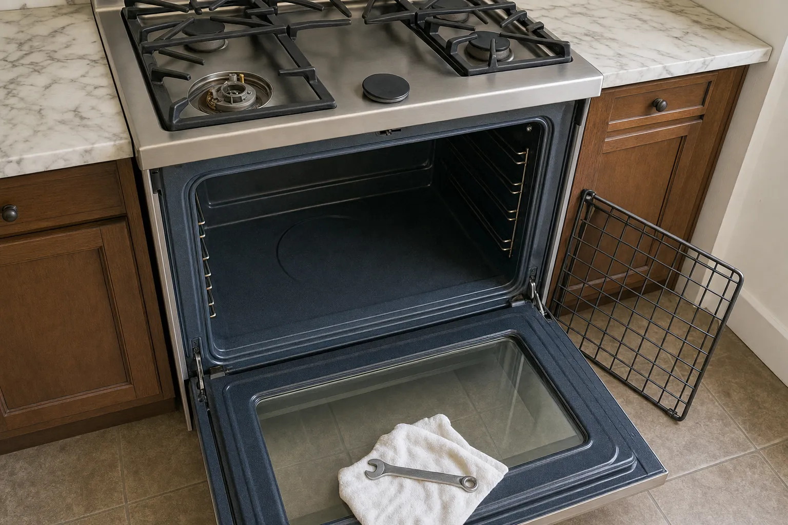 Gas range below a marble counter with the oven door lowered, an oven rack propped against the door and a wrench on a white towel