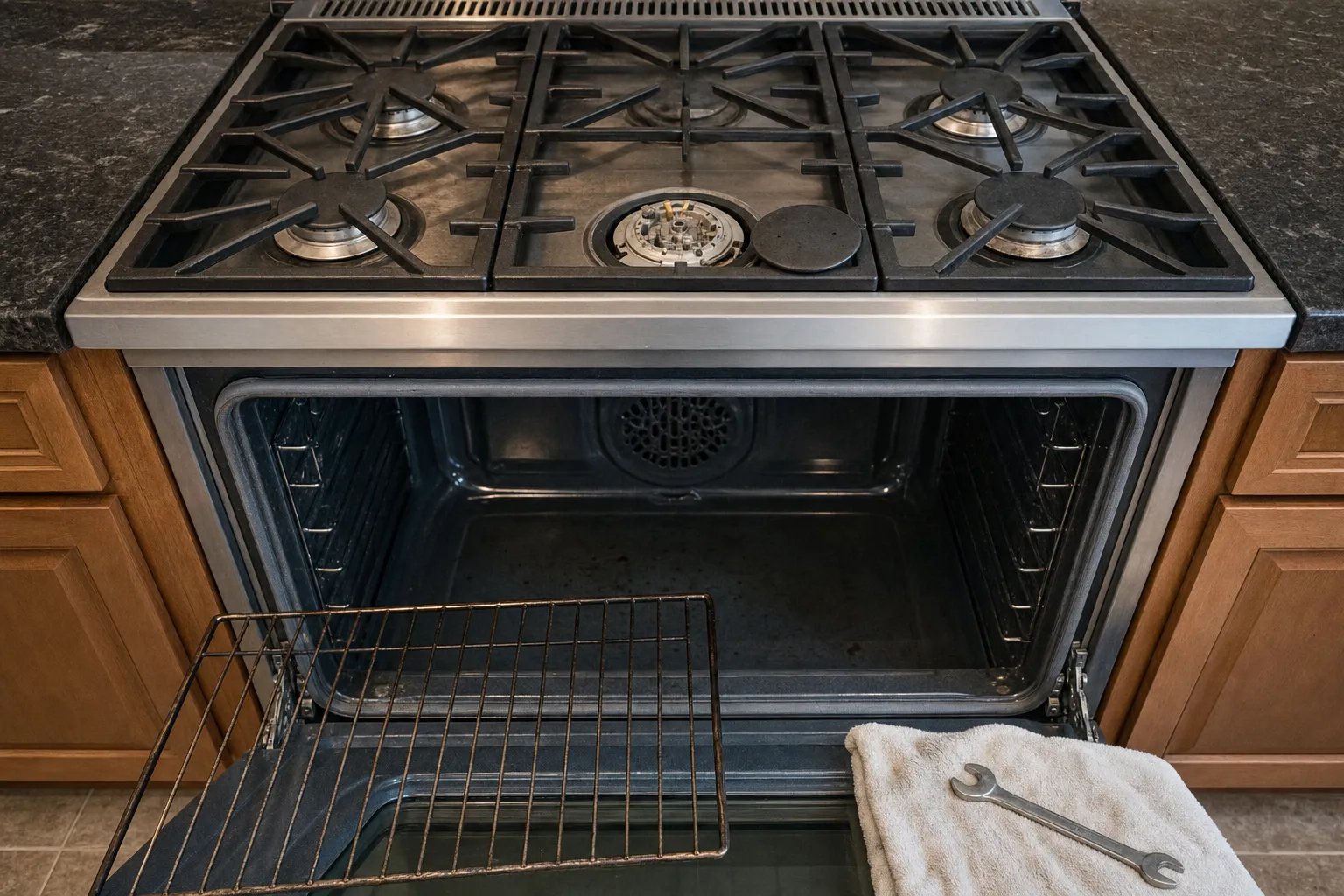 Gas range from above with its centre burner stripped to the base, the oven door lowered on an empty cavity with a round fan cover, a rack propped on the door and a wrench on a folded towel