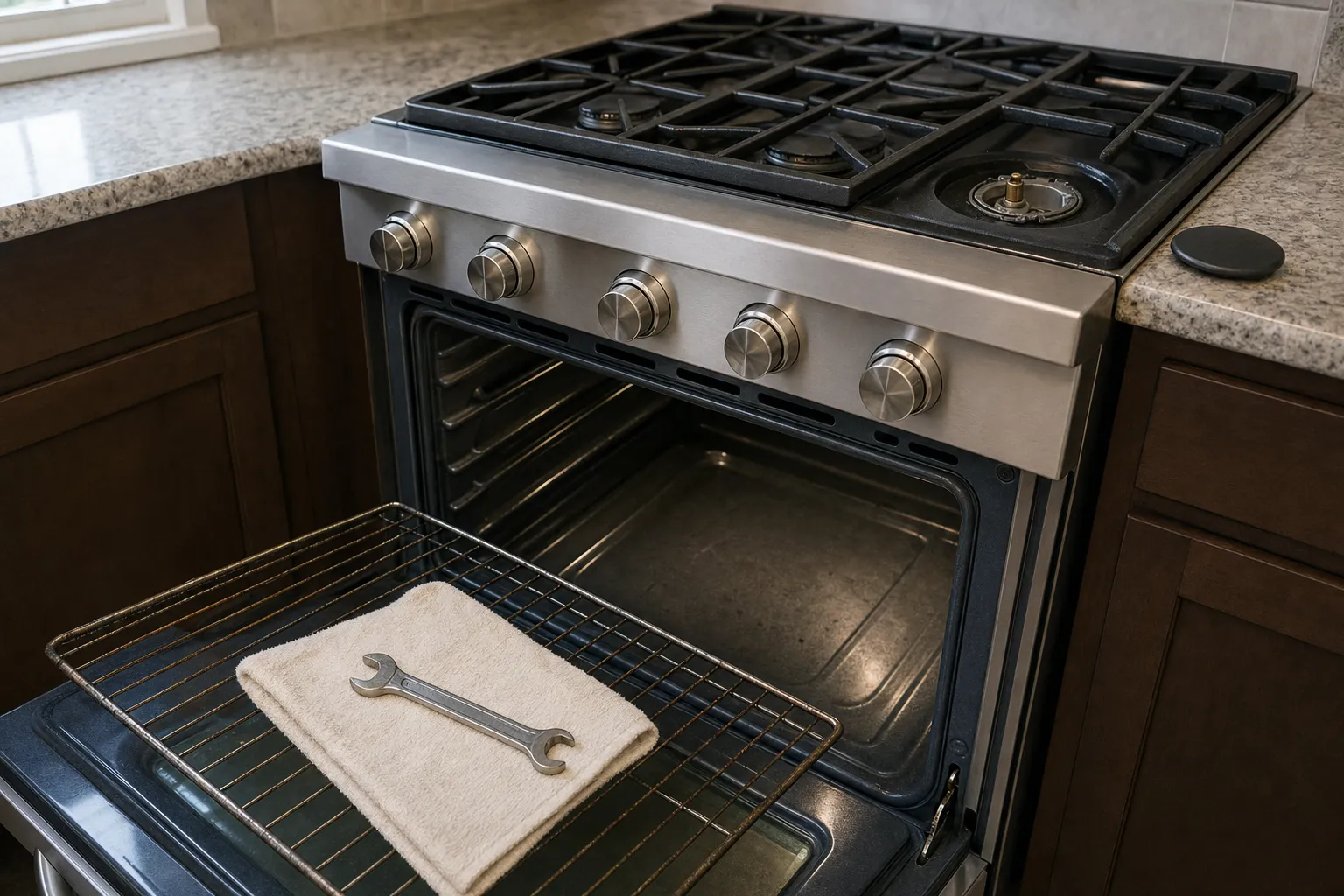 Five-knob gas range between dark cabinets with the oven door lowered and the rack laid across it under a towel and a wrench, one burner cap set on the granite counter