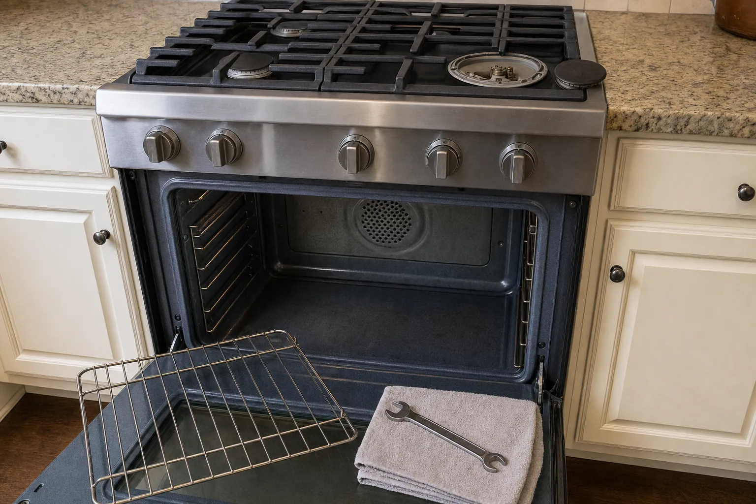 Five-knob stainless gas range between cream cabinets with the oven door lowered on a round fan cover, the rack and a grey towel with a wrench resting on the door