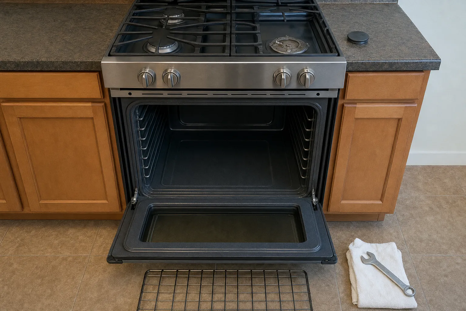 Four-knob gas range between honey oak cabinets with the oven door lowered on an empty black cavity, the rack on the tiles in front and a wrench on a white towel
