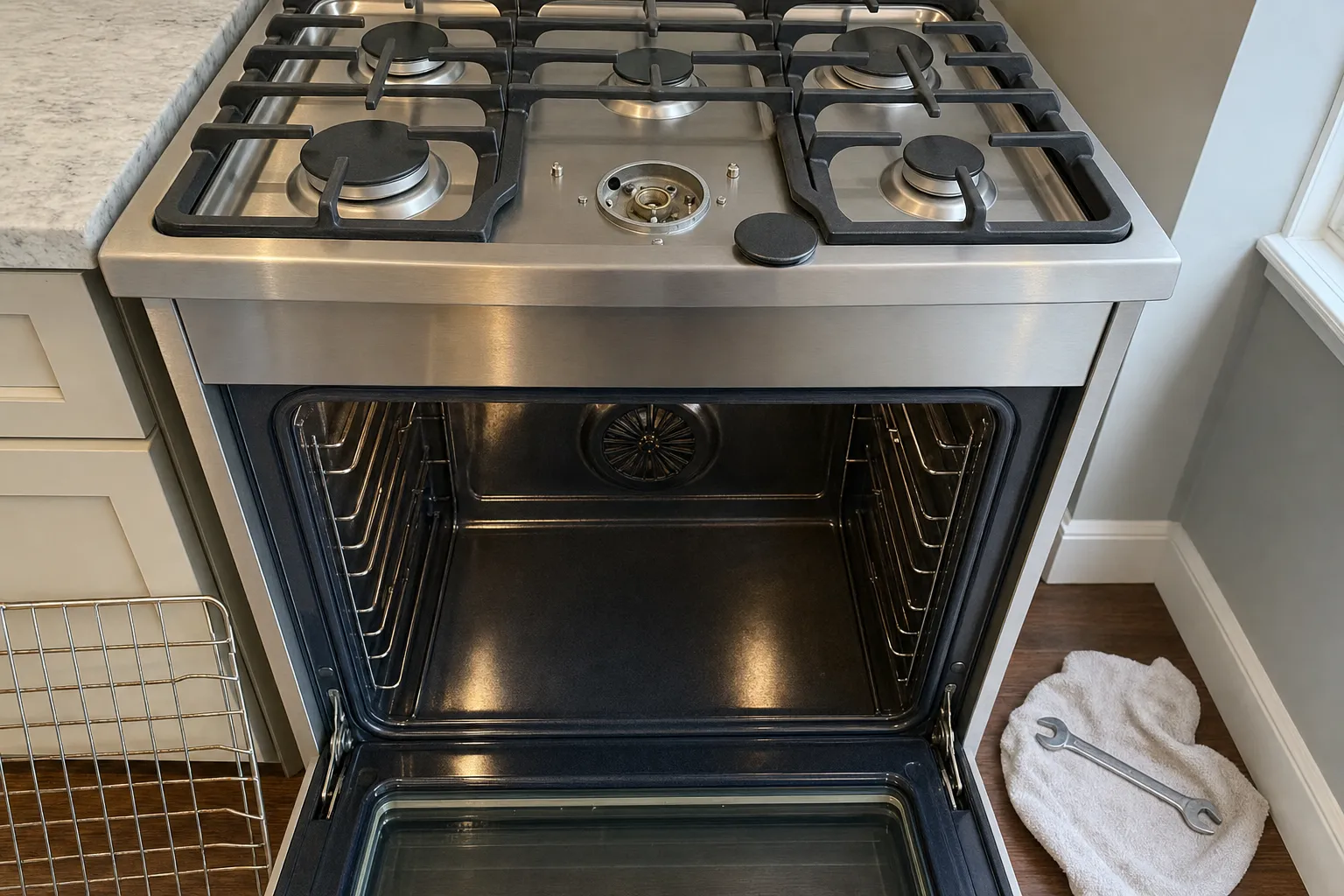 Five-burner gas range from above with the centre burner stripped to its base, the oven open to a round fan cover, the rack leaning on a cabinet and a towel with a wrench on the wood floor