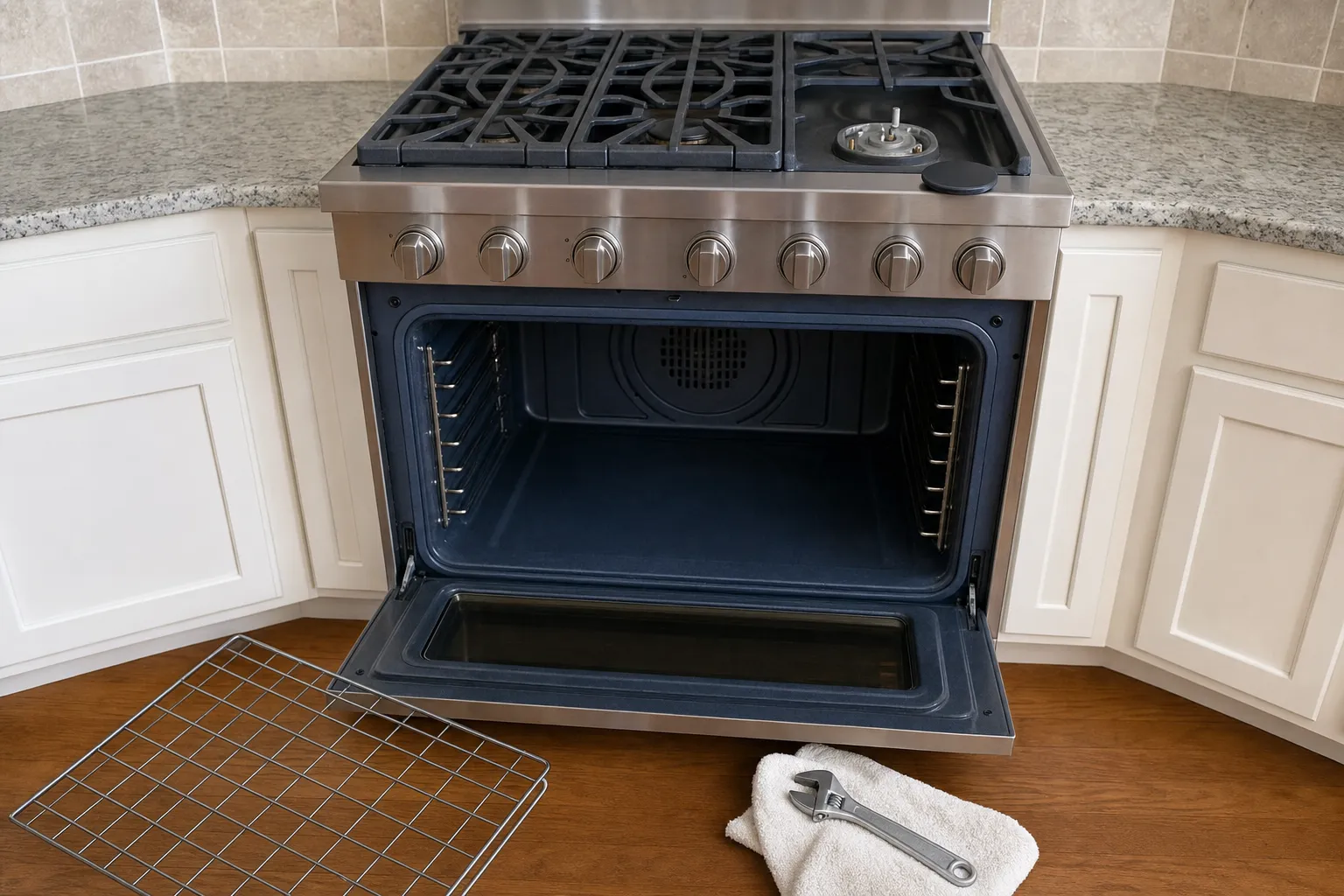 Wide seven-knob gas range under a tiled backsplash with the oven door lowered on an empty cavity and a round fan cover, the rack on the wood floor and an adjustable wrench on a towel