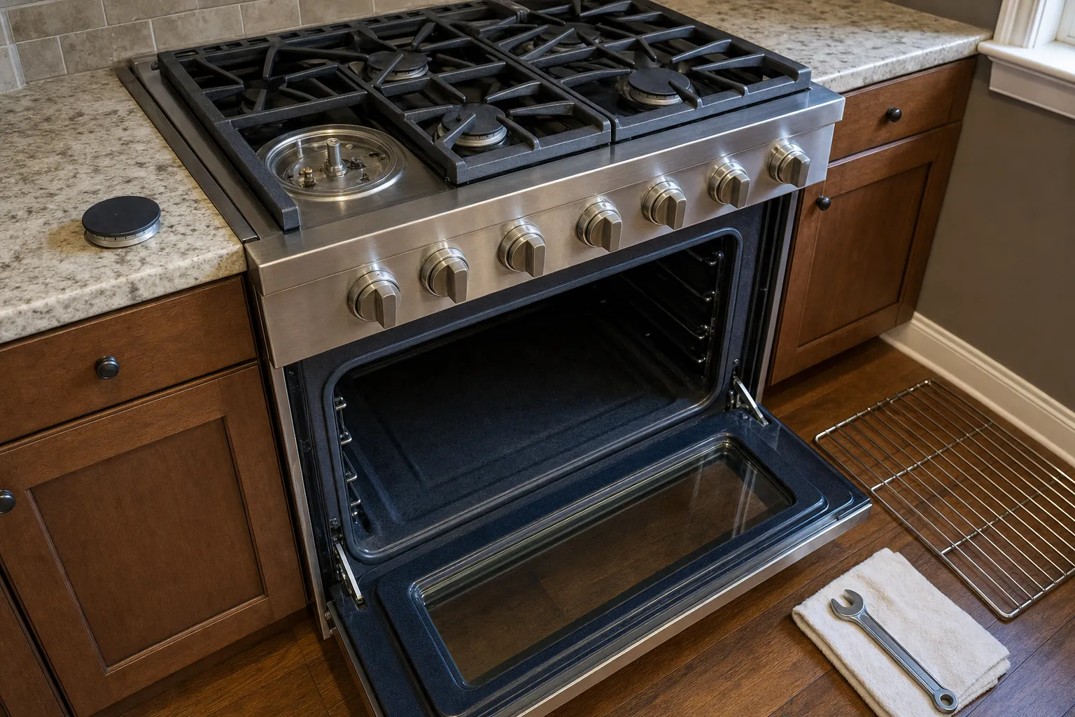 Seven-knob gas range from above with the front left burner uncapped and its cap on the counter, the oven door lowered on its inner glass, the rack and a wrench on a towel on the floor