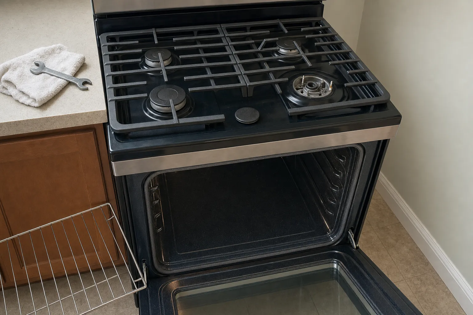 Gas range with black grates seen from above, one front burner stripped to its base with its cap lying loose beside it, the oven door open below and a rack in front, a towel and a wrench on the counter