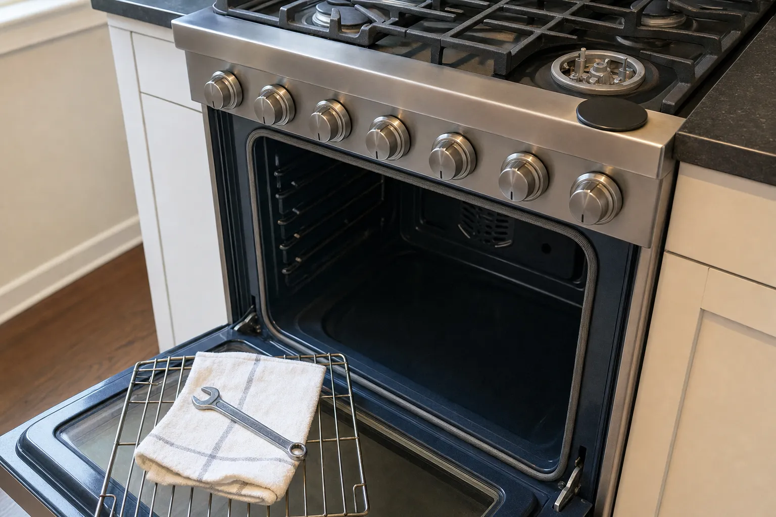 Seven-knob stainless gas range at an angle with the oven door lowered, a rack with a striped towel and a wrench on the door and a round fan cover inside