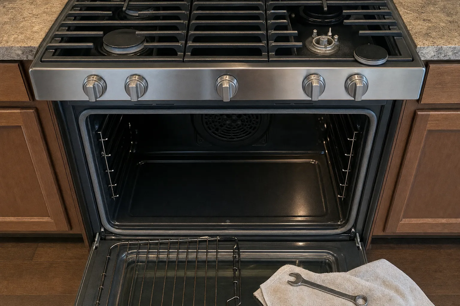 Five-knob gas range head-on with the oven door lowered on a round fan cover, the rack resting on the door and a towel with a wrench laid over it